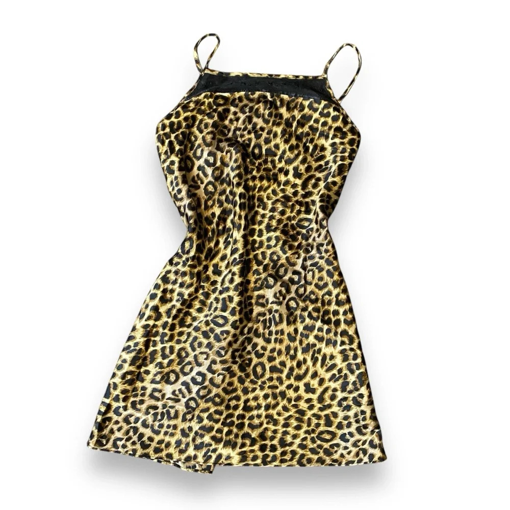 Vtg. Secret Treasures Leopard Cheetah Animal Print Satin Lace Slip Dress Size S - Picture 1 of 5